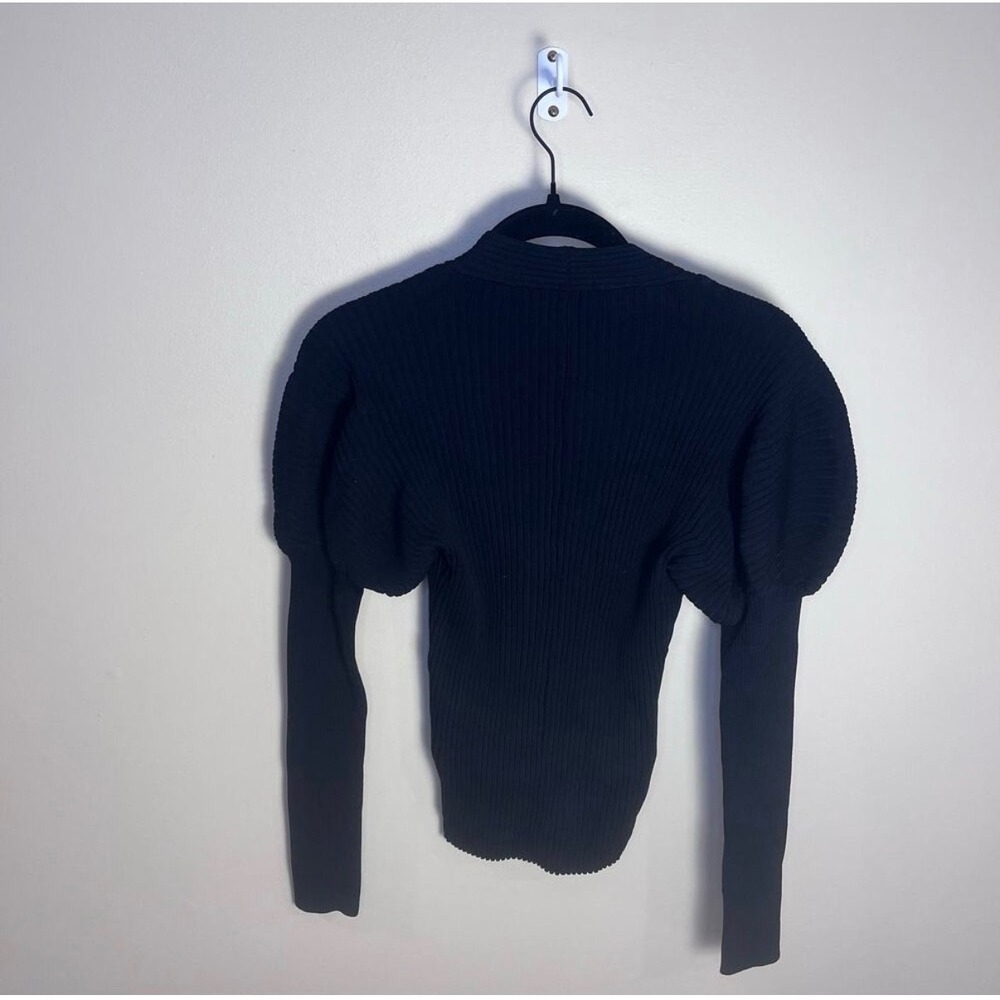 Ted Baker Sweater Women 3 Black Ivery Puff Shoulder V-Neck Ribbed Knit Top - Picture 8 of 9